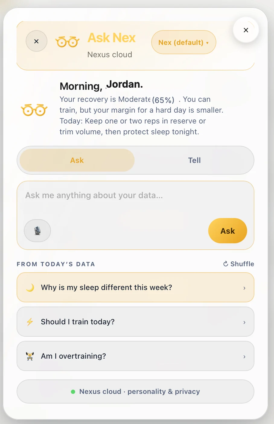 NexusDash Ask Nex panel in light mode greeting fictional demo user Jordan with a recovery summary and suggested questions from today's data