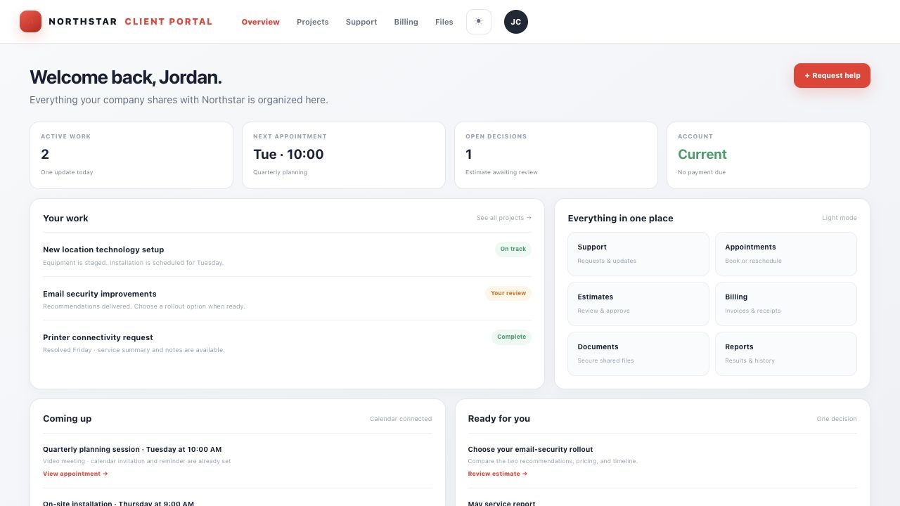TechWorks ONE fictional client portal in light mode showing projects, appointments, decisions, billing, documents, and reports