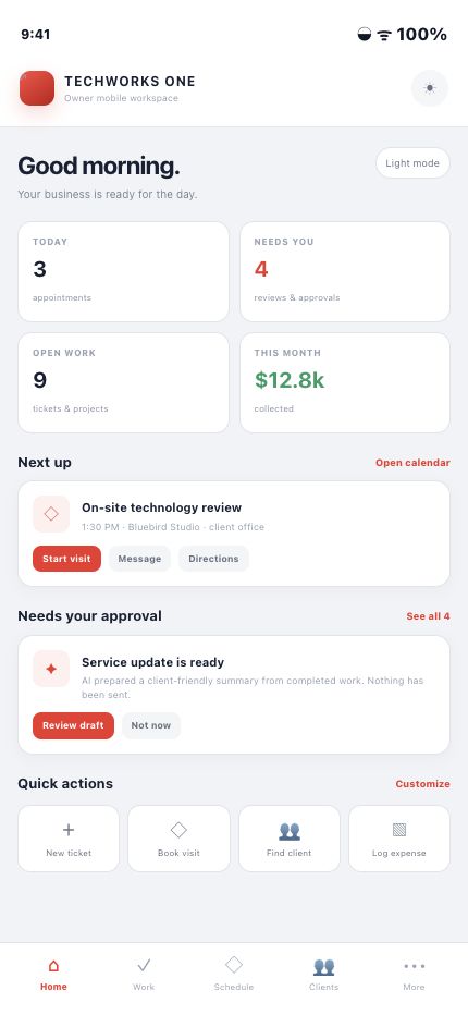 TechWorks ONE fictional owner mobile app in light mode showing appointments, approvals, open work, revenue, and quick actions