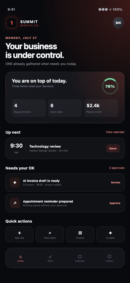TechWorks ONE fictional mobile owner dashboard