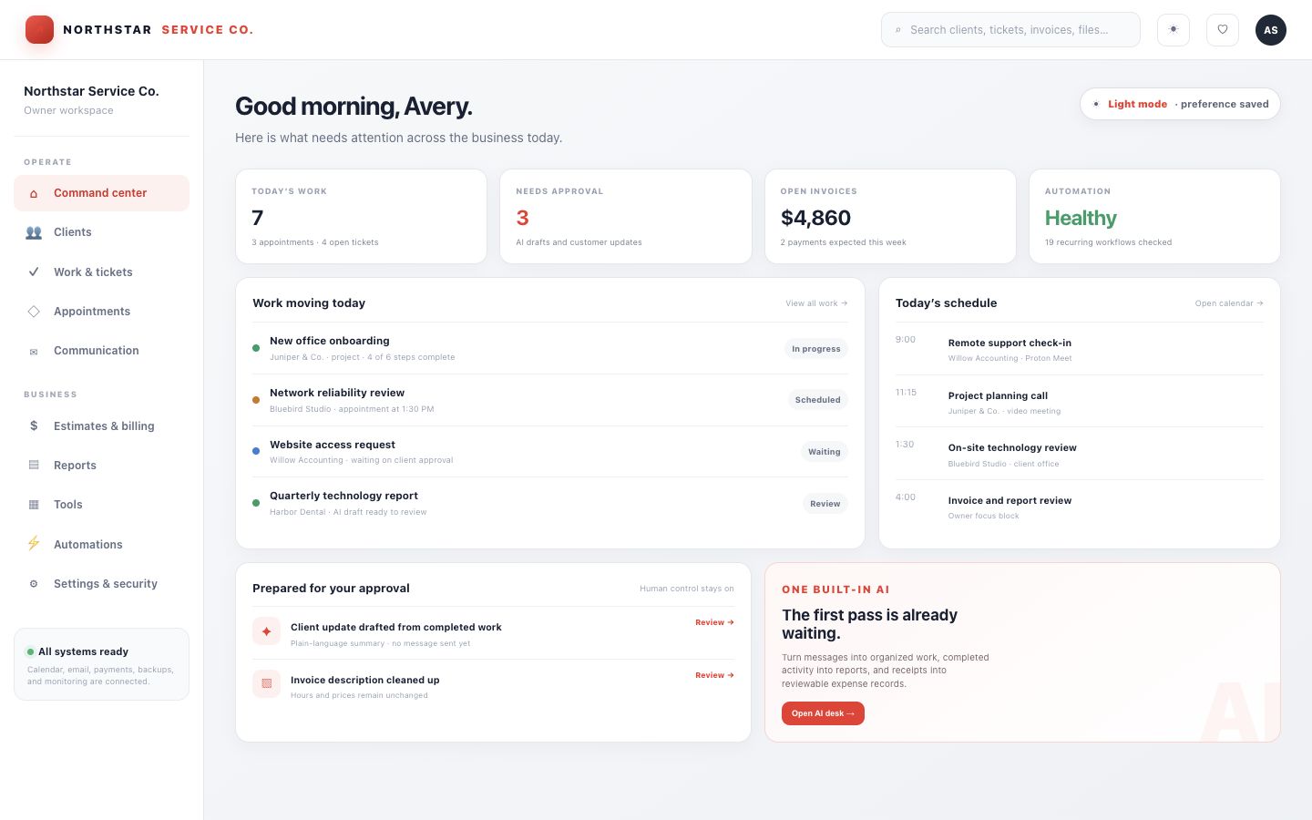 TechWorks ONE fictional owner command center in light mode showing work, schedule, approvals, revenue, automation health, and built-in AI